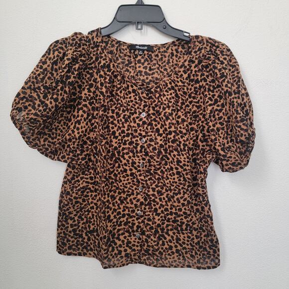 Madewell Leopard Print Balloon Short Puff Sleeve Button Front Sz XS Cotton - Picture 1 of 10